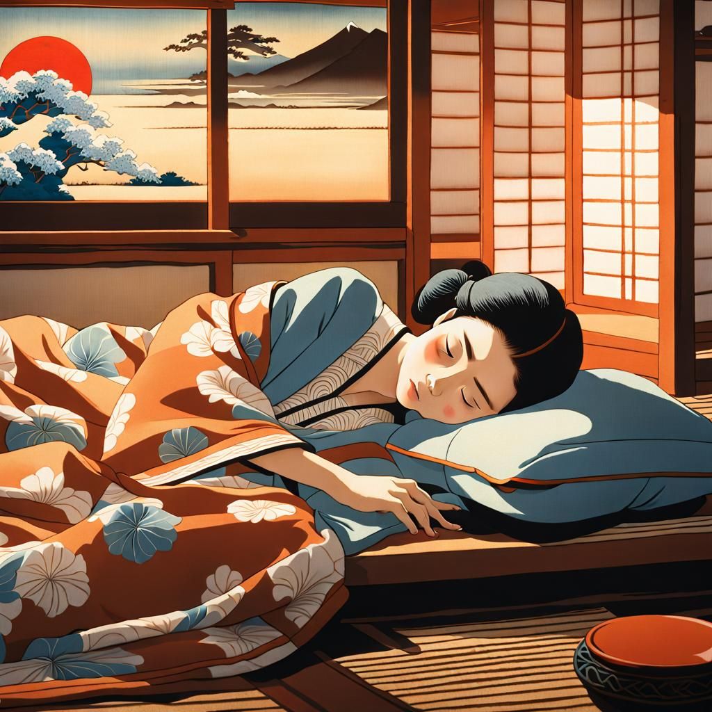 Serene Girl Asleep in Ukiyo-e Japanese Bedroom