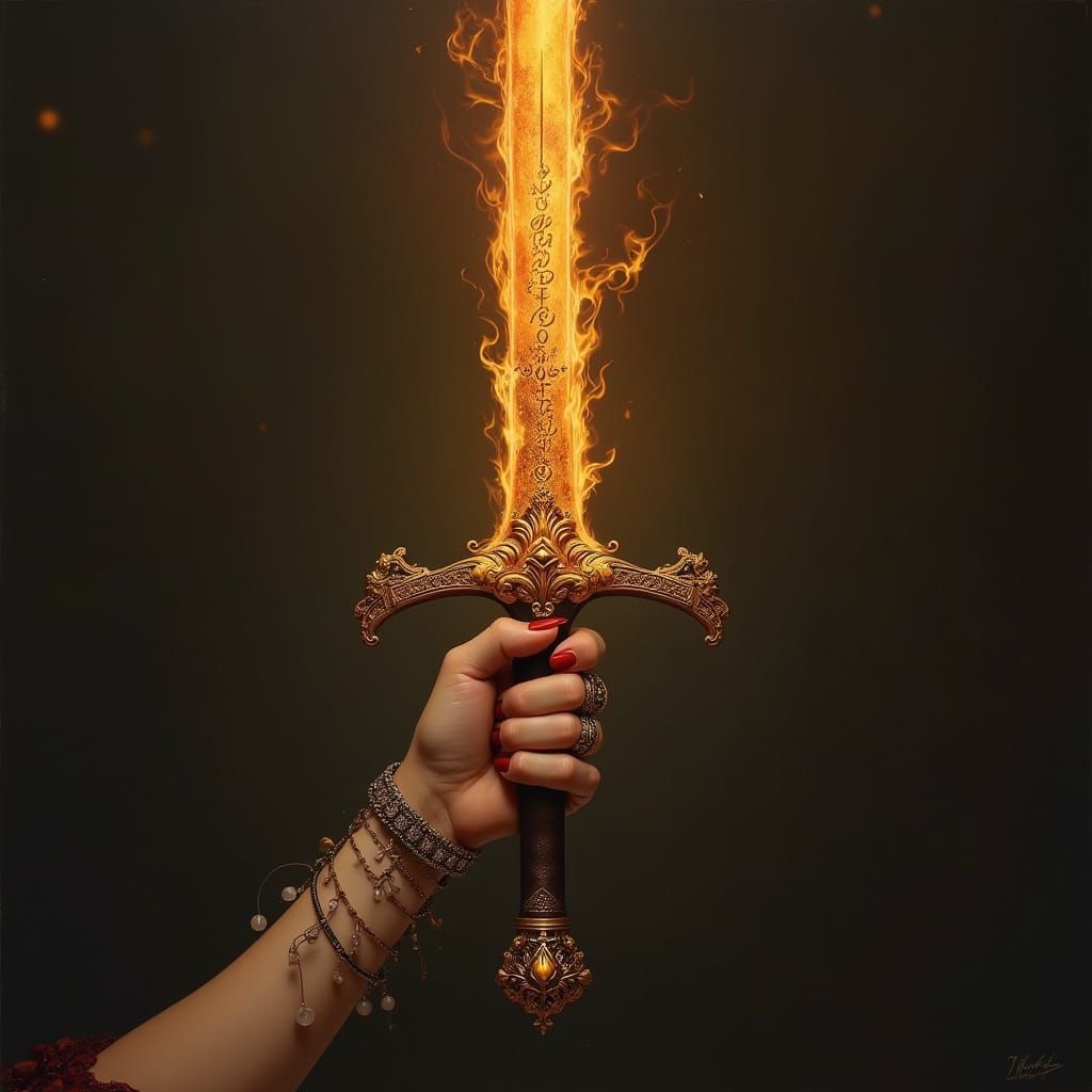 Ethereal Maiden Wields Flaming Sword with Sacred Inscription