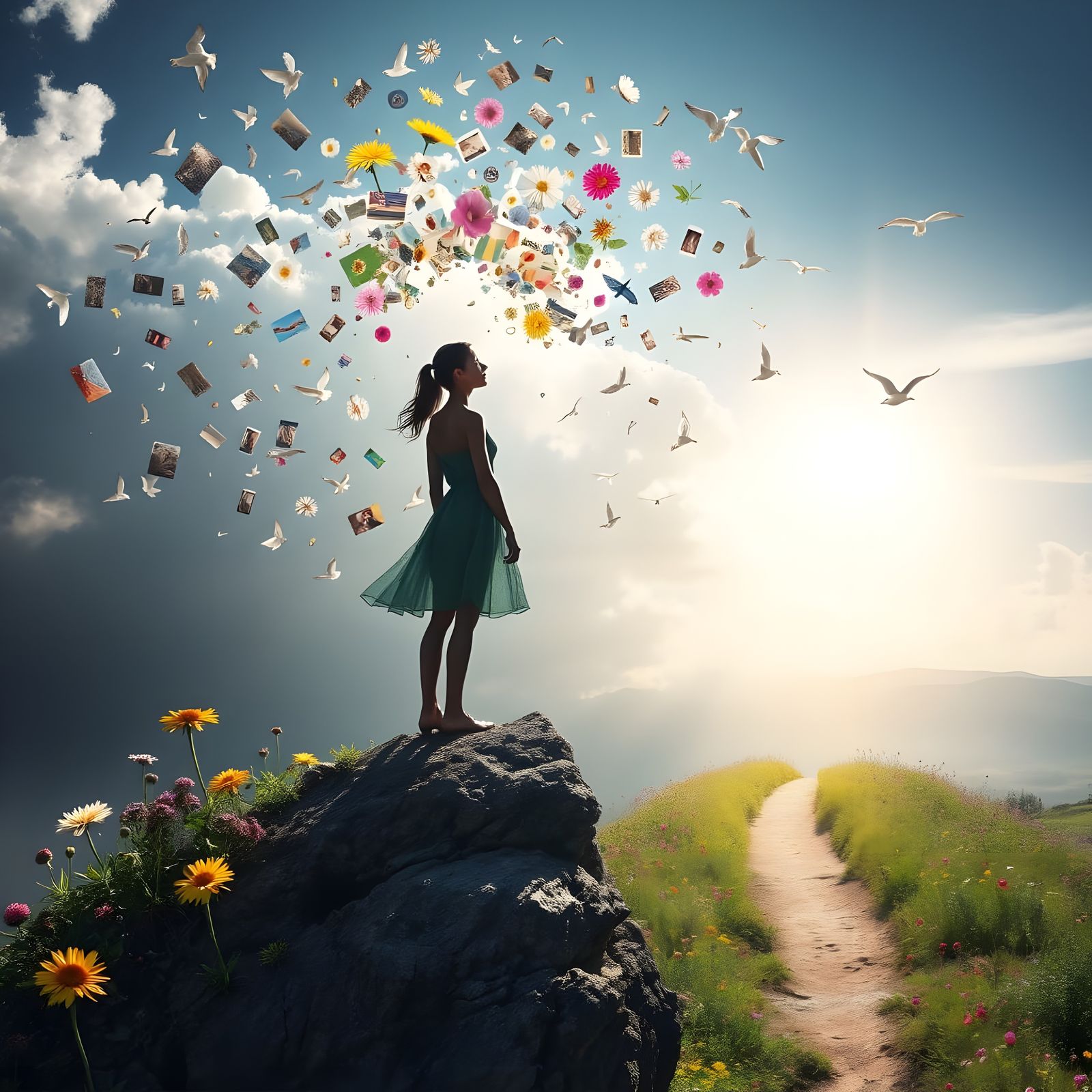 Empowering Transformation: A Figure Stands on a Cliff, Gazin...