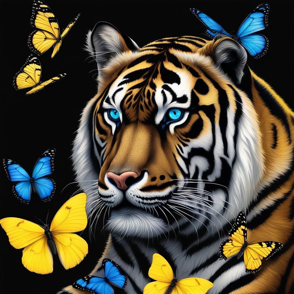 Electric Blue and Yellow Tiger with Butterflies