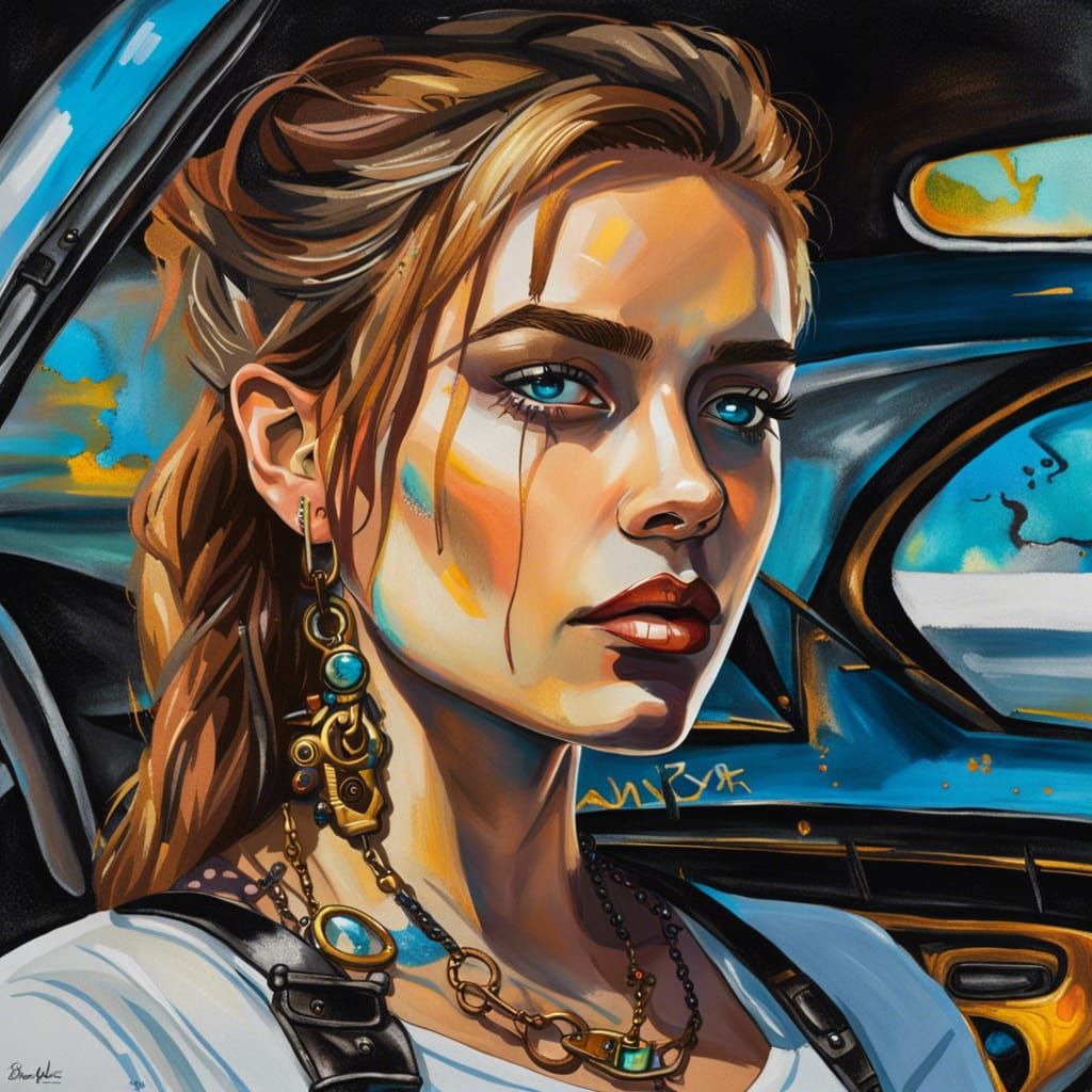 Steampunk Woman Portrait with Futuristic Car