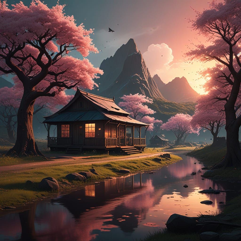 Dreamlike Cherry Blossom Portal in Whimsical, Cyberpunk Styl...