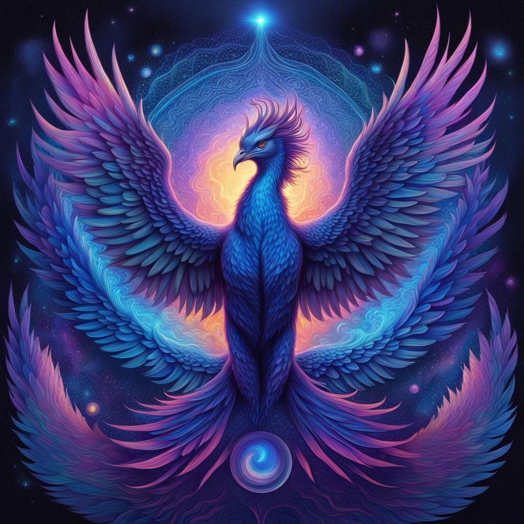 Twilight Blue Phoenix: Holographic Astral Illustration