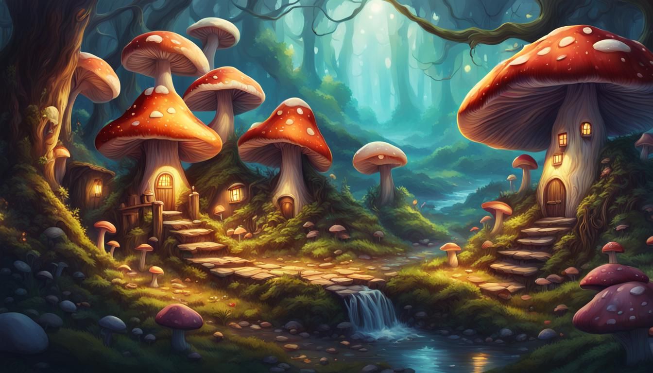 Enchanted Forest Village Under Giant Mushrooms