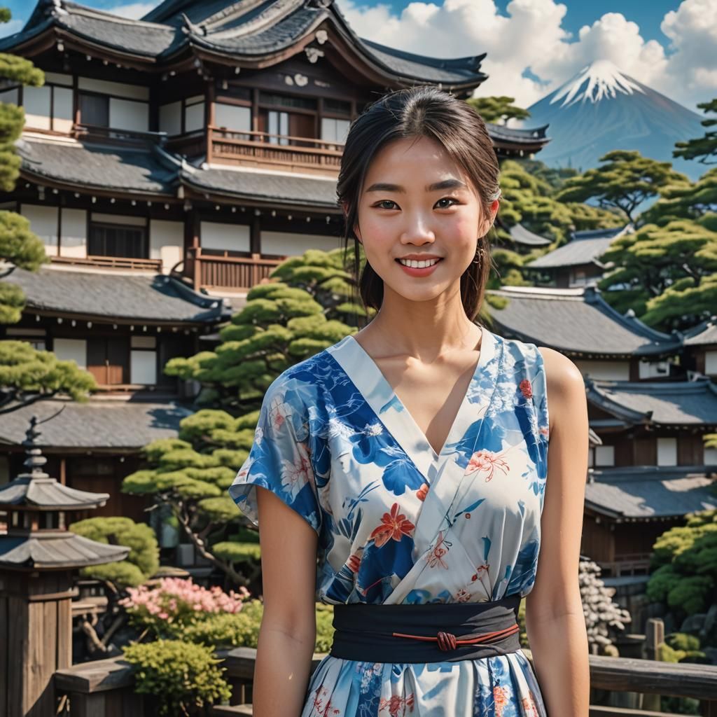 Asian Woman Portrait with Mount Fuji in Background