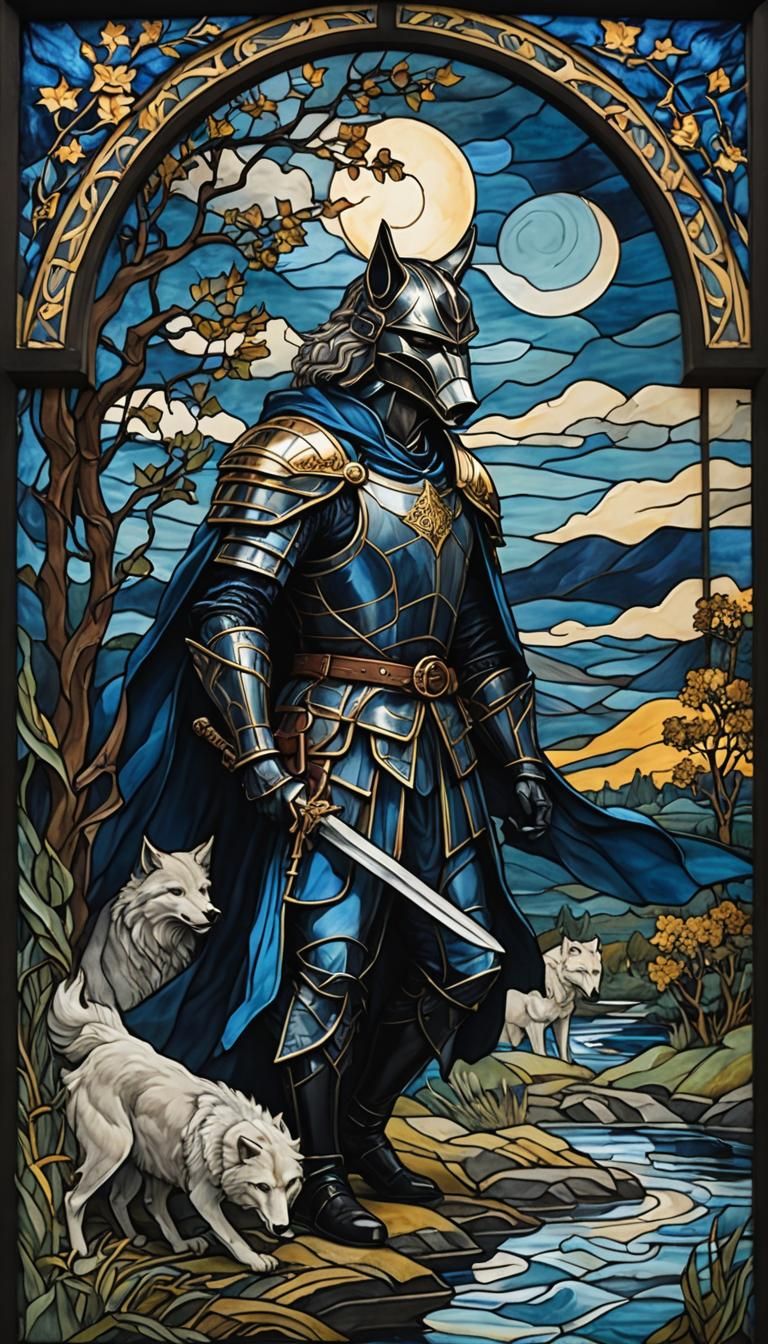 Celtic Knight Stained Glass in Neo-Cubist Style