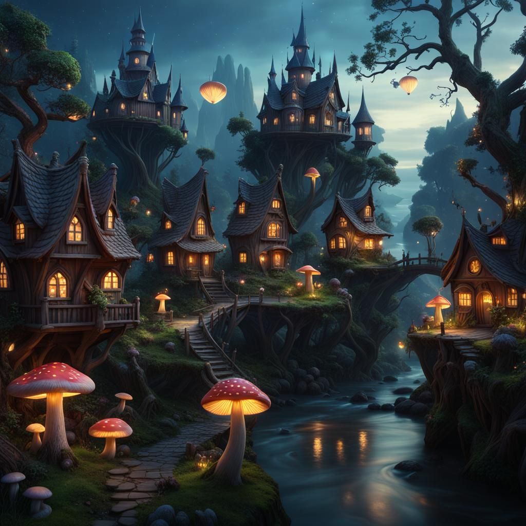 Eerie Fairy Village in Dark Digital Watercolor