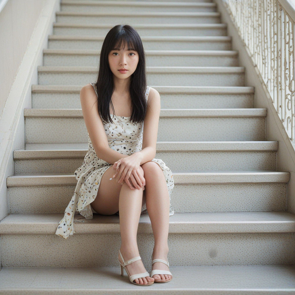 Surreal Portrait of a Japanese Actress on Stairs in Pastel H...