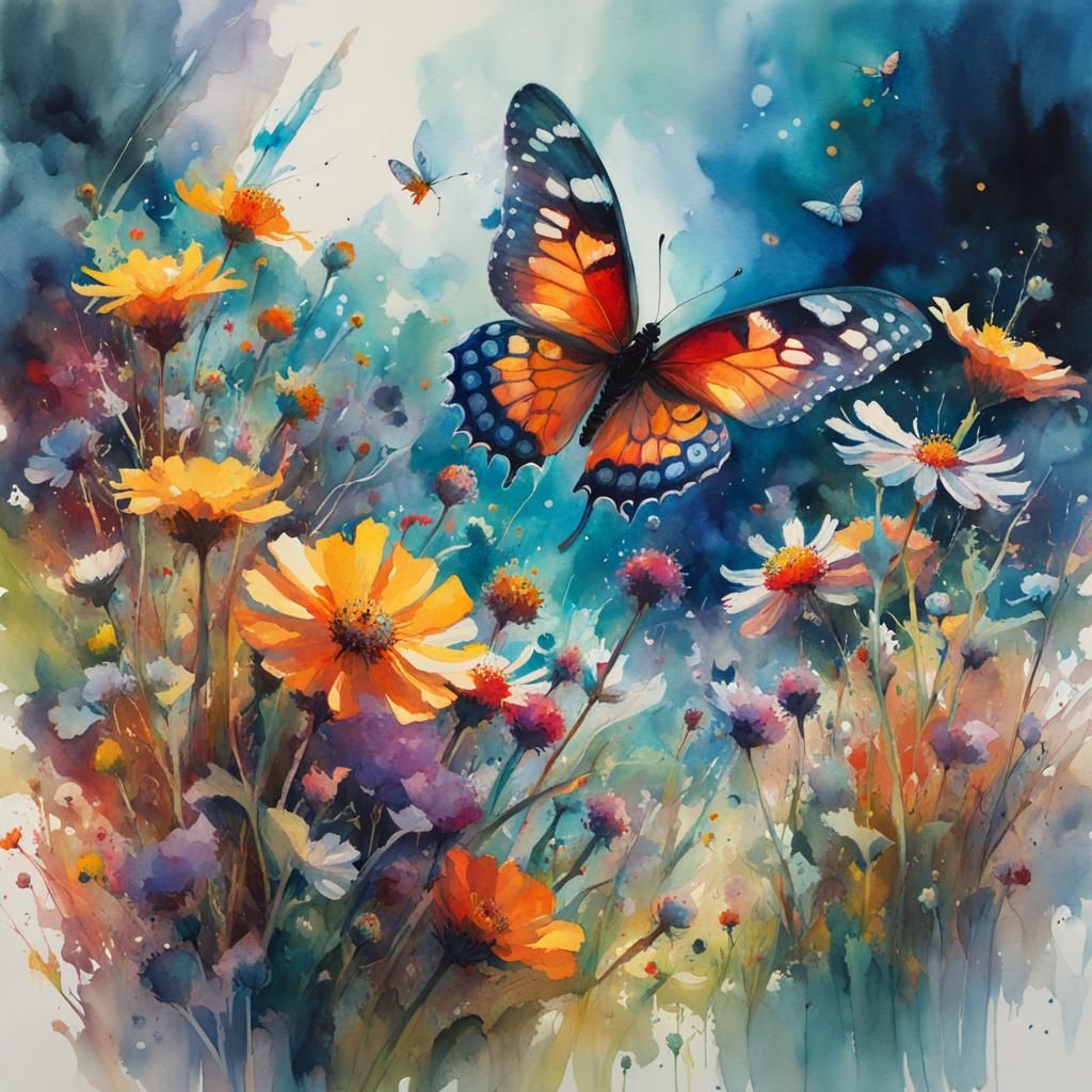 Hyperdetailed Butterflies in Watercolor Flower Meadow