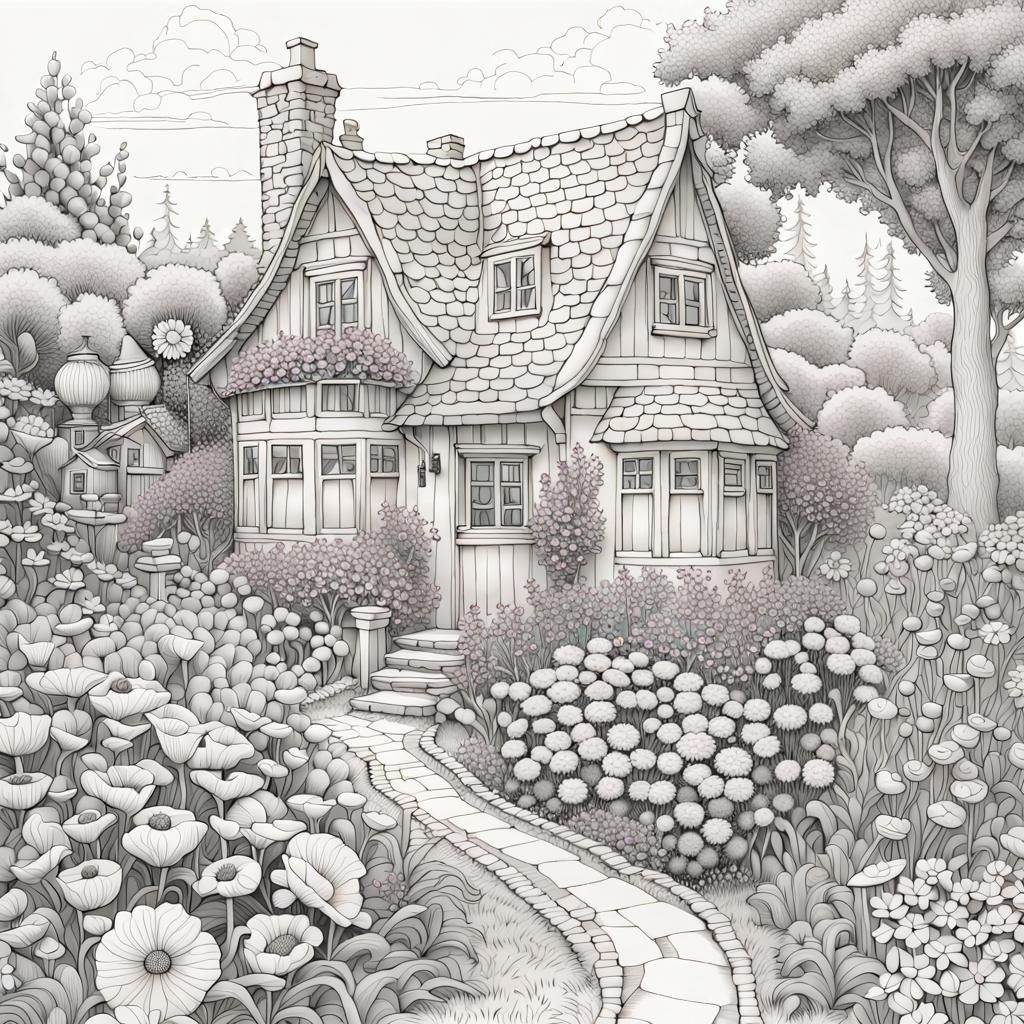 Whimsical Cottage in a Flower Garden
