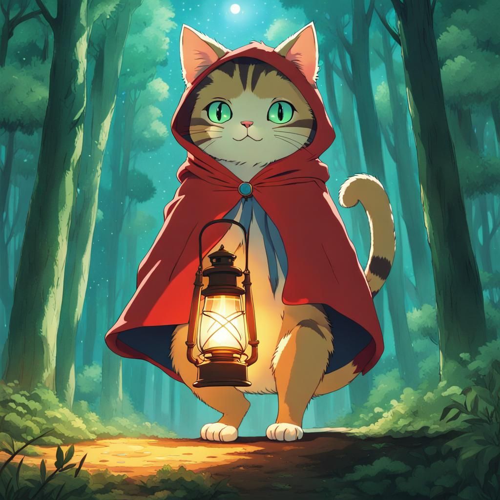 Tabby Cat with Lantern in Anime Style