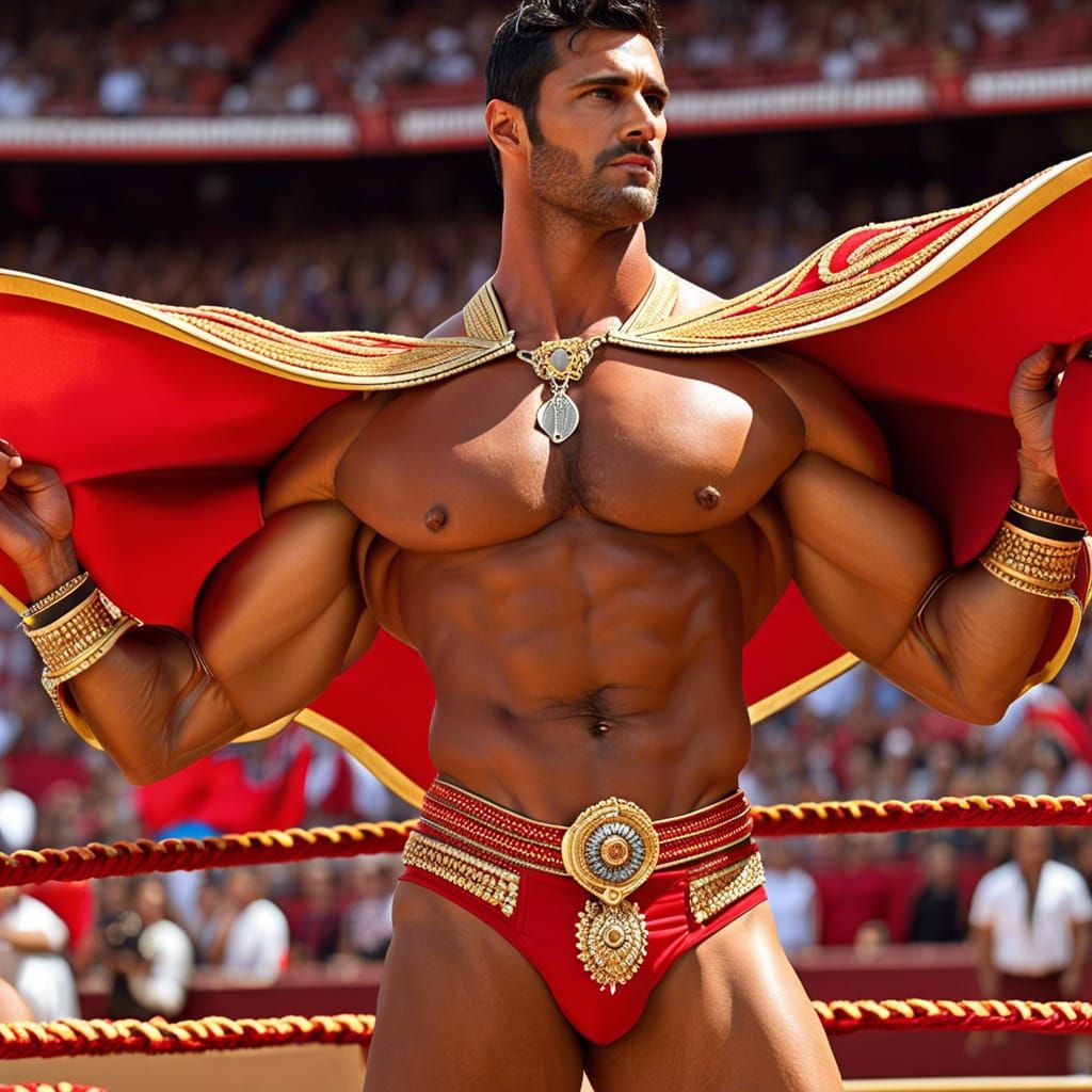 Spanish Matador Hunk Taunting Bull in Bullring