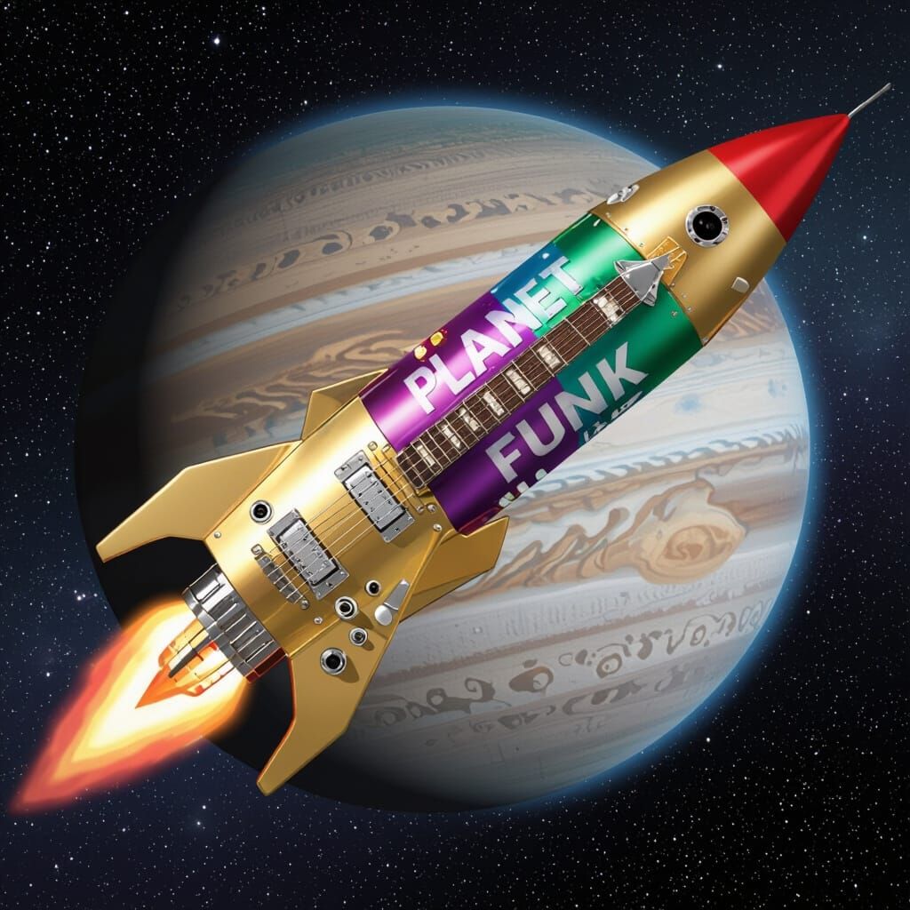 Planet Funk: Electric Guitar Spaceship Flies Past Jupiter