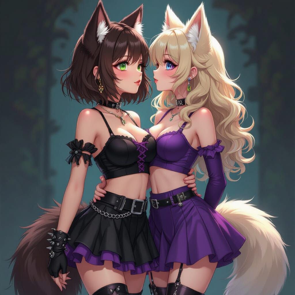 Realistic Anime Style: Women Kissing with Gothic and Cute Ou...