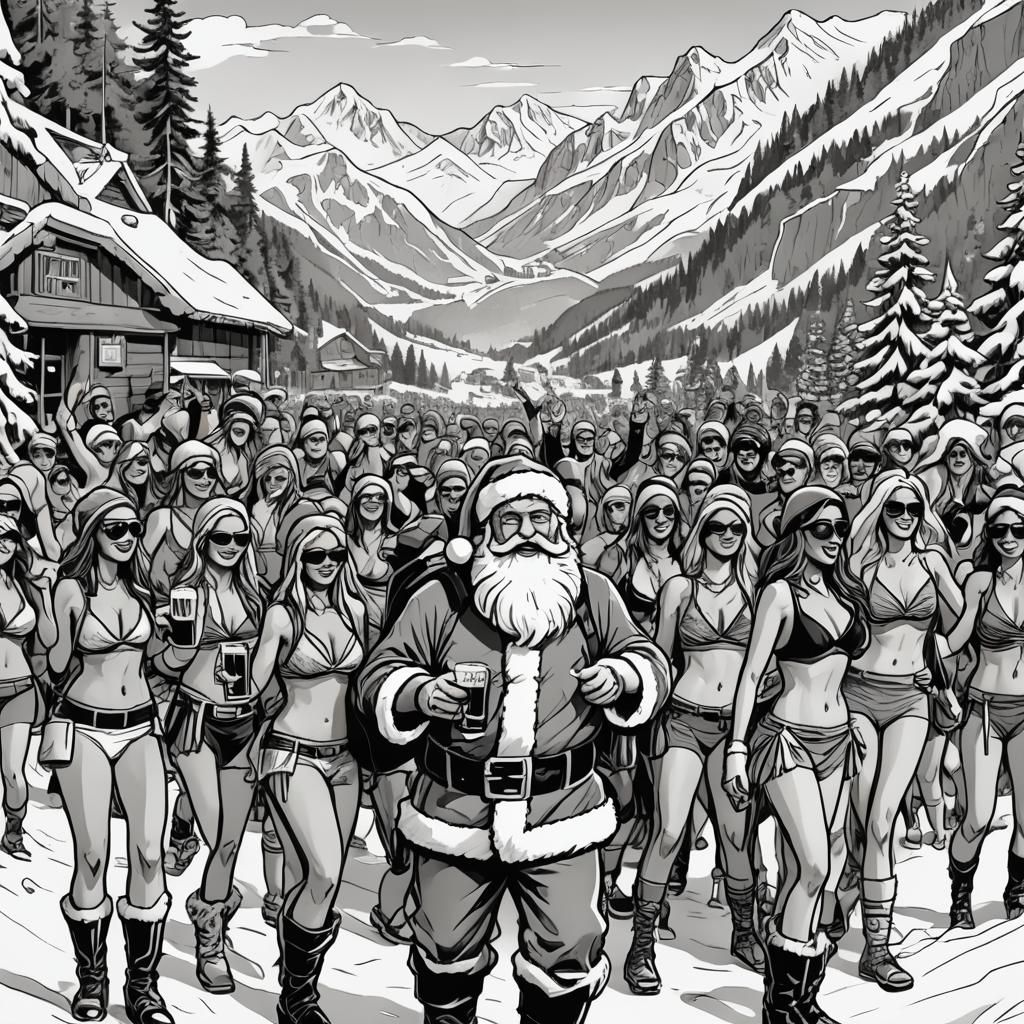 Santa at Après-Ski Party: Black and White Comic Art