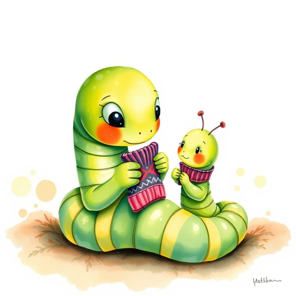 Whimsical Watercolor Art of a Green Mother Worm Knitting for...