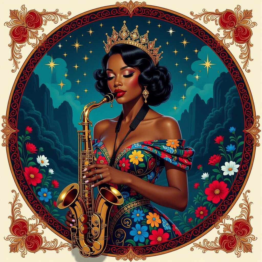 Musical Woman with Saxophone in Art Nouveau Style