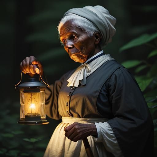 Harriet Tubman holding a lantern at night in the woods