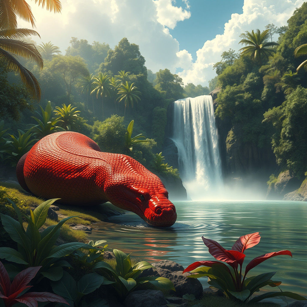 Giant Anaconda at Waterfall in Lush Forest