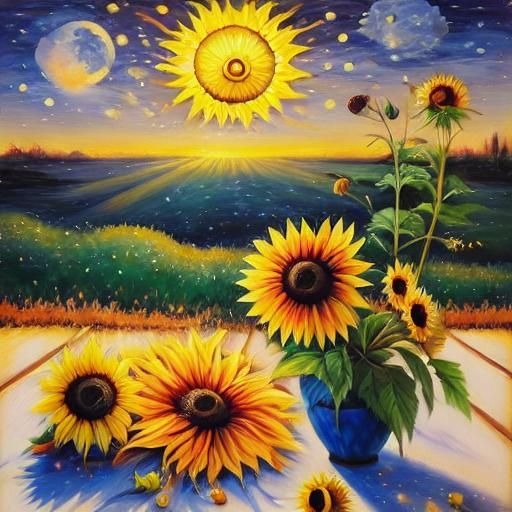 Sunflower Sun and Melting Cheese Moon: Surreal Oil Painting