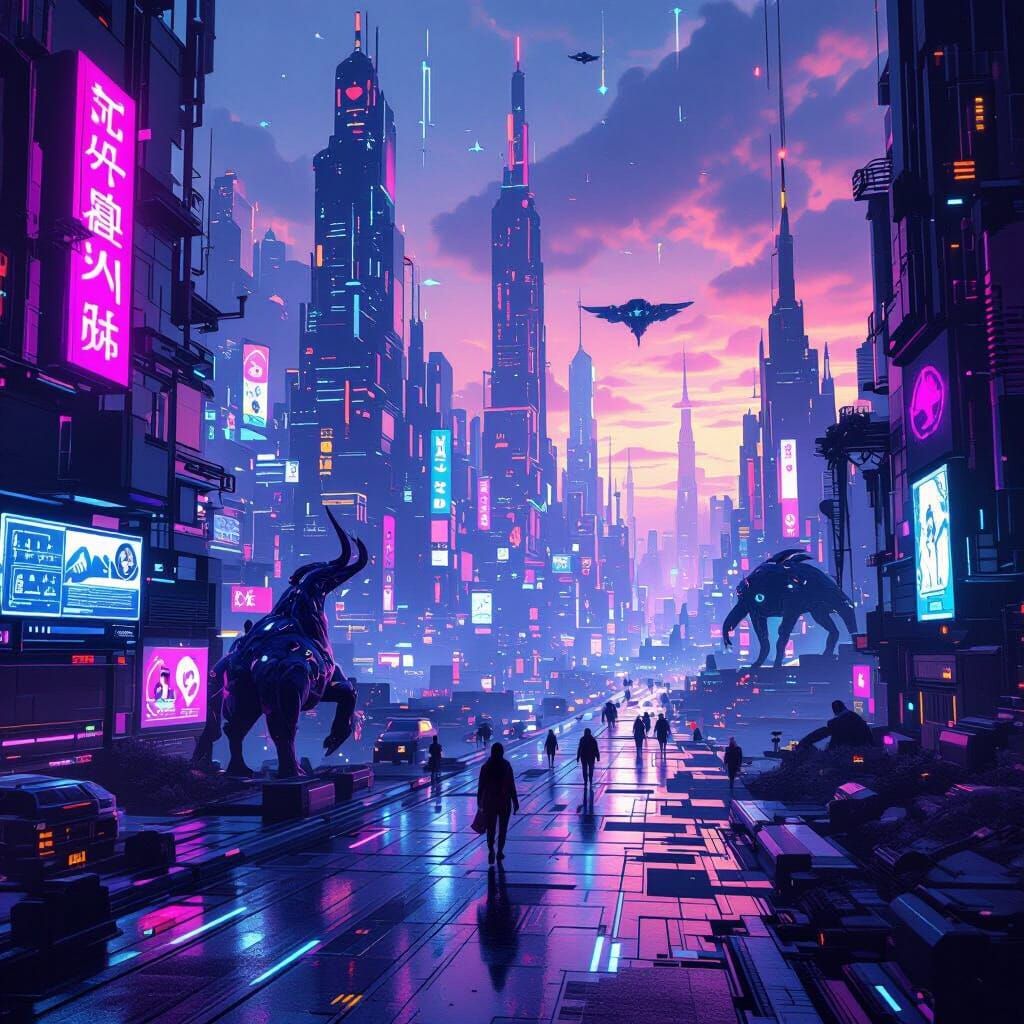 Futuristic Glitchverse Cityscape with Mythical Creatures