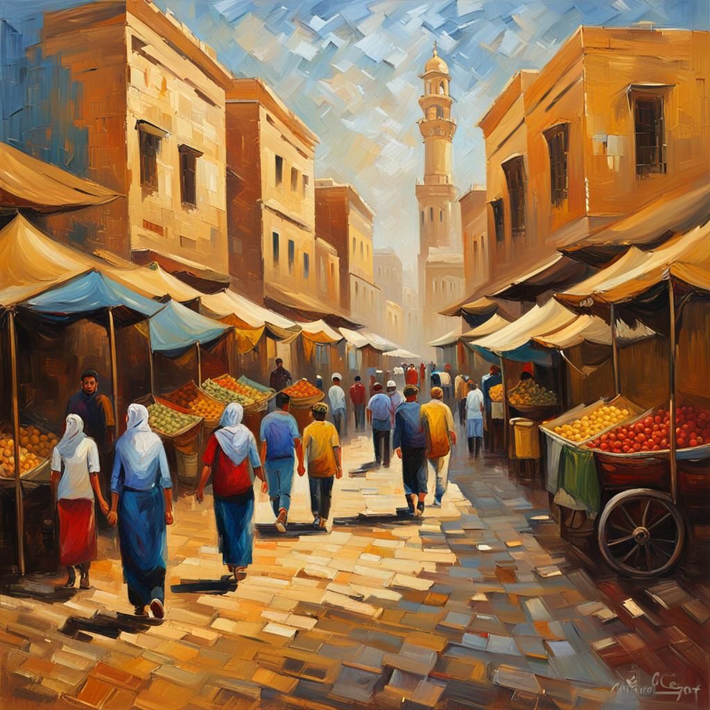 Alexandria Street Scene in Neo-Impressionist Style
