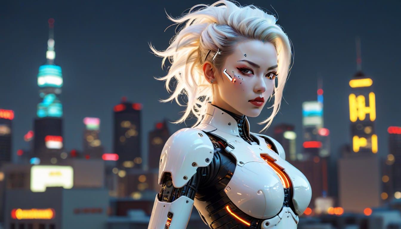 Cyberpunk Gynoid Pinup with Neon Cityscape