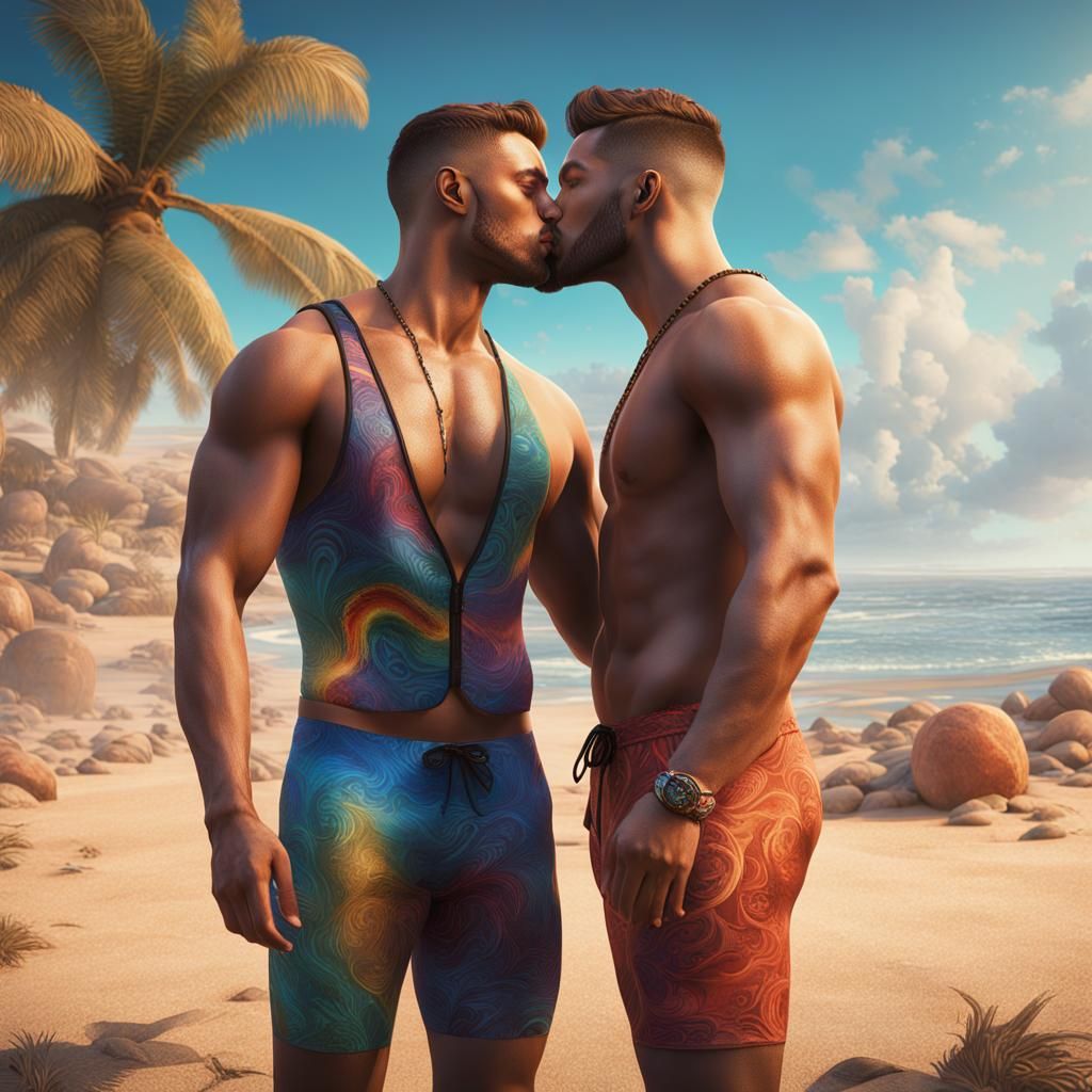 Gay Men Kissing on Beach in Pride Swimsuits