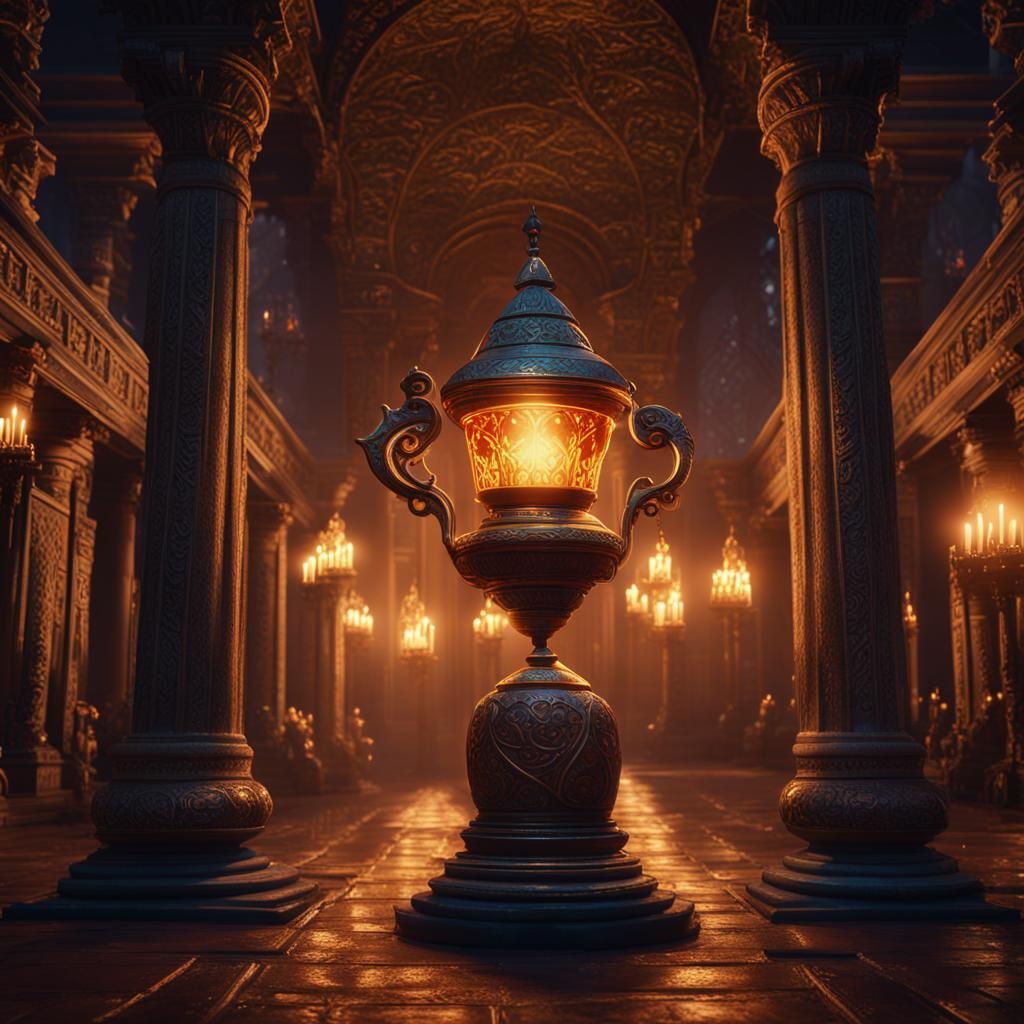 Genie Emerges in Candlelit Hall: Fantasy Concept Art