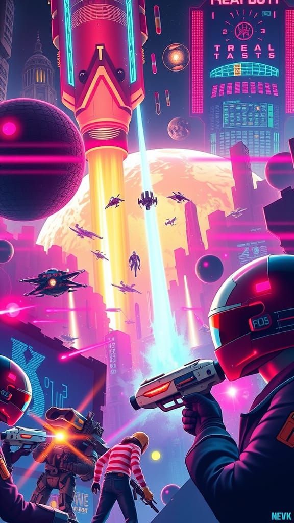 Futuristic Video Game Covers with Neon Lights and Space Batt...