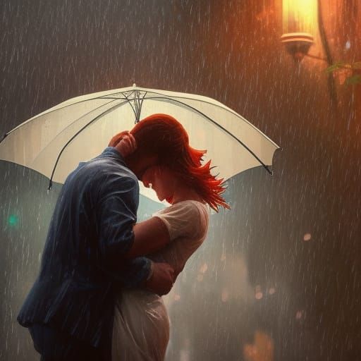 Romantic Couple Kissing in Rain: Detailed Concept Art