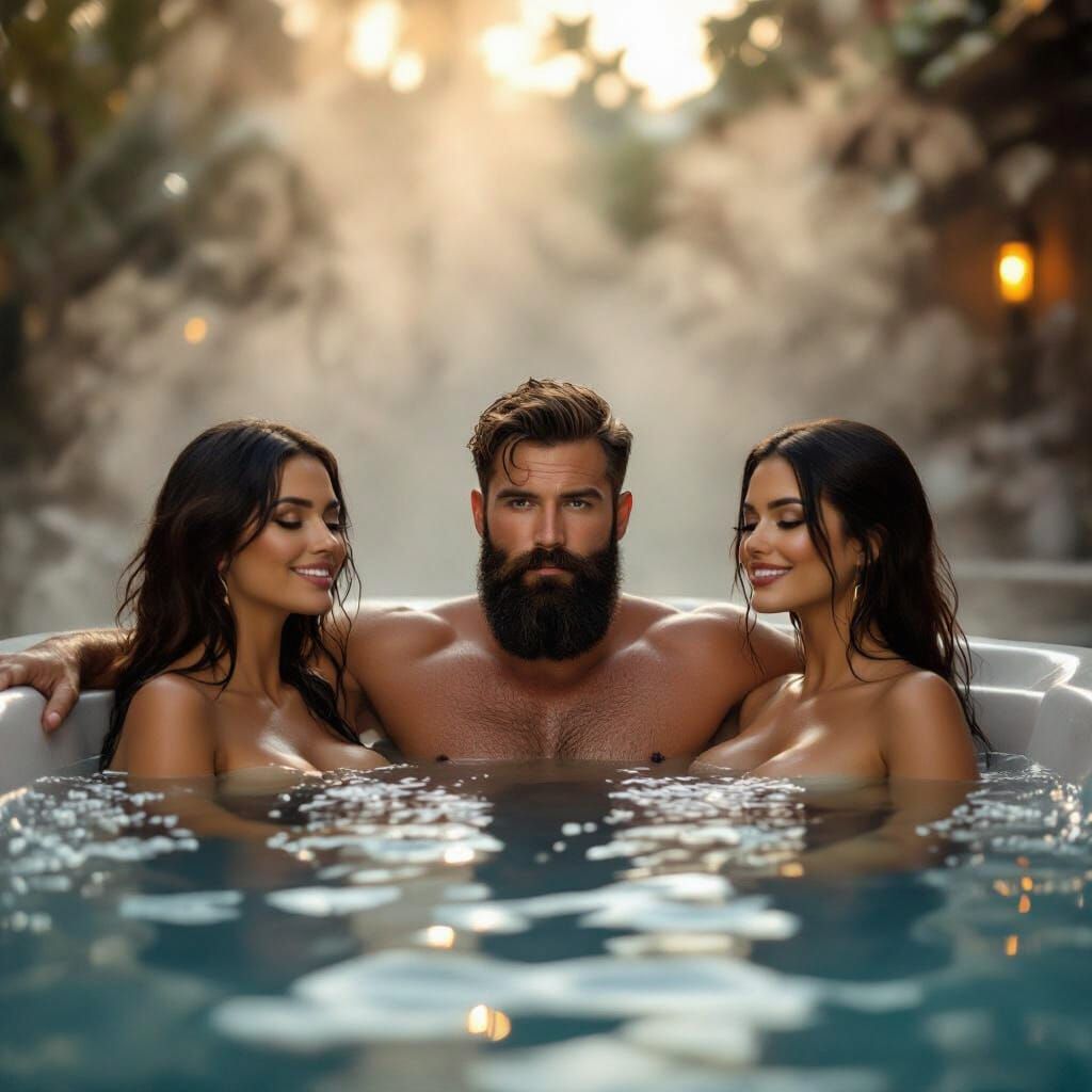 Bearded Man Enjoys Hot Tub With Two Brunettes in Cinematic S...