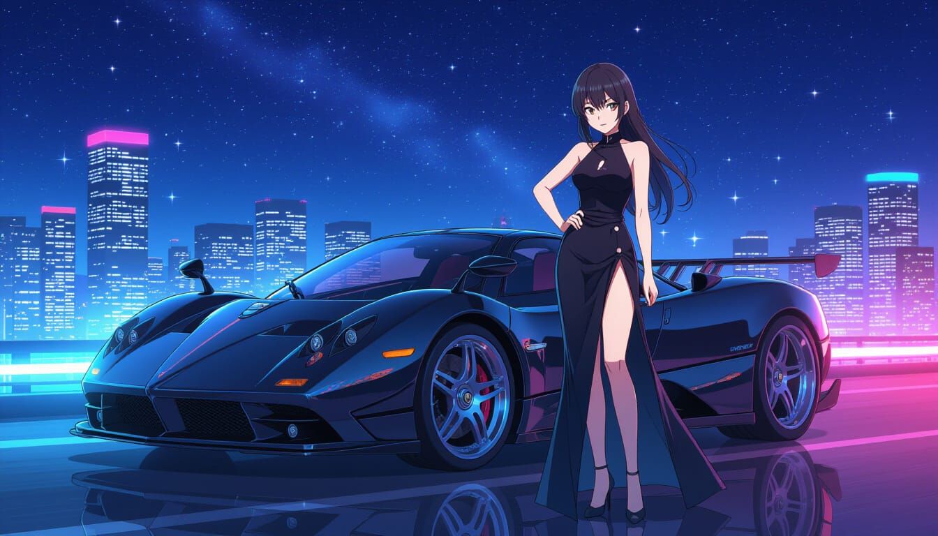 Anime Girl and Pagani Zonda Under Neon Sky