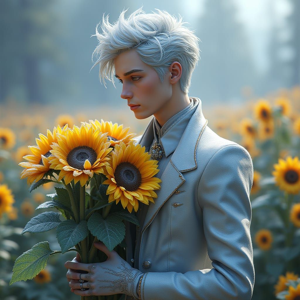 Enchanted Frost King Surrounded by Vibrant Sunflowers in Fan...
