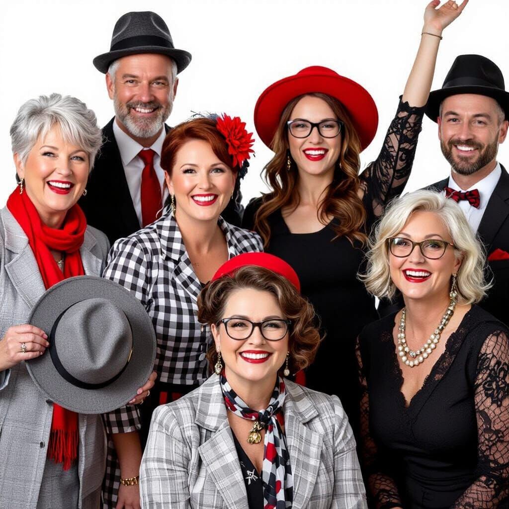Joyful Vintage Costume Group Poses in Studio