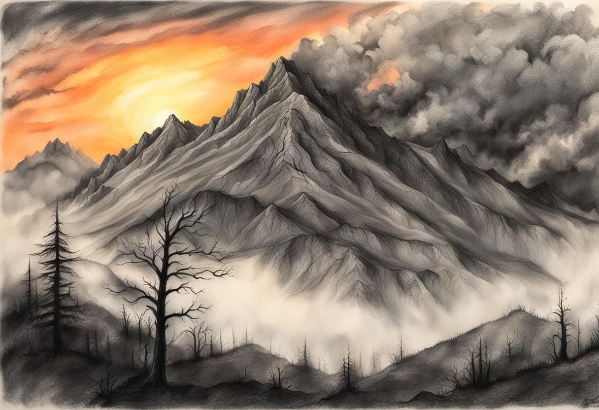 Mystical Misty Mountain at Sunset: Charcoal Drawing