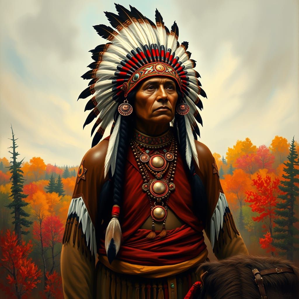 Stoic Native American Warrior in Traditional Regalia