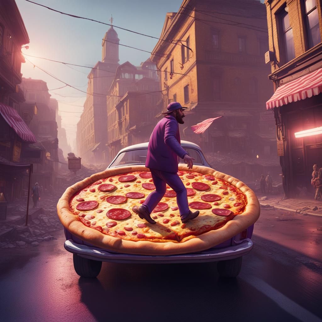 Gigantic Pizza Man Chasing Salami Car