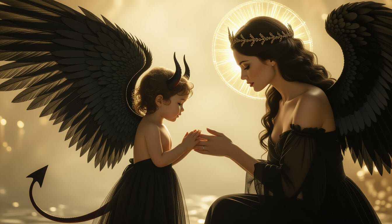 Black Angel Protects Child From Devil in Ethereal Light