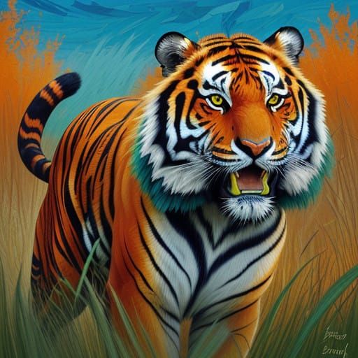 Electric Blue Sabertooth Tiger Ready to Pounce in Vibrant Gr...
