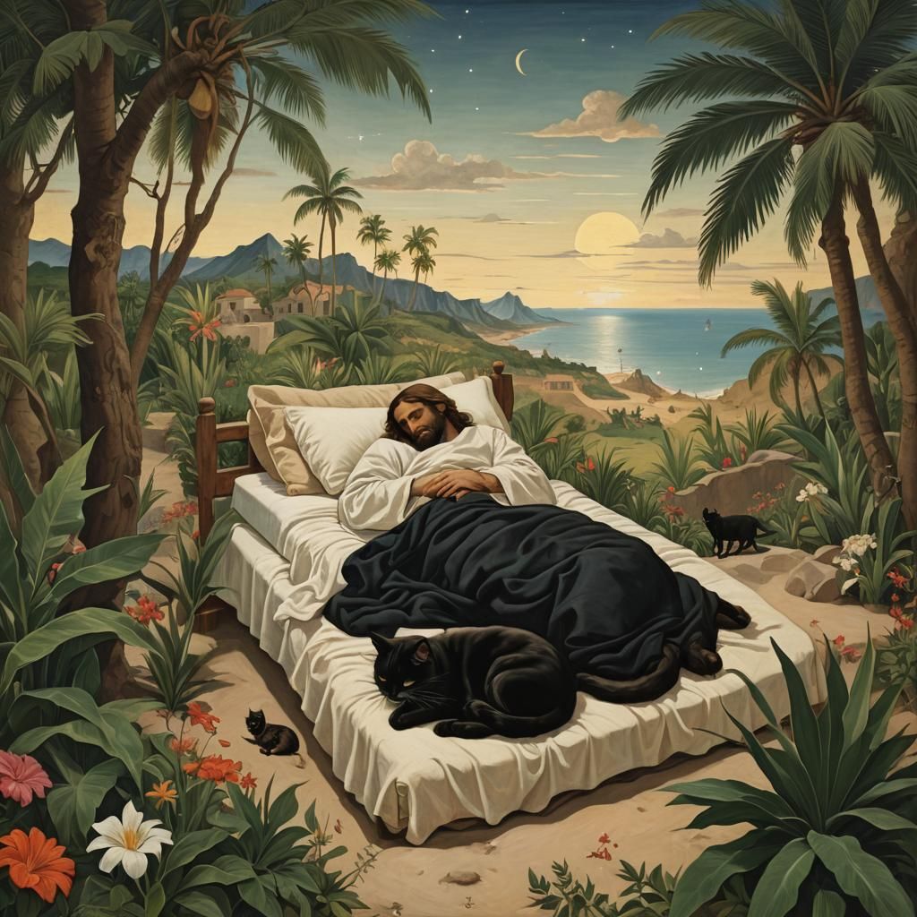 Christ Asleep with Black Cat in Paradise