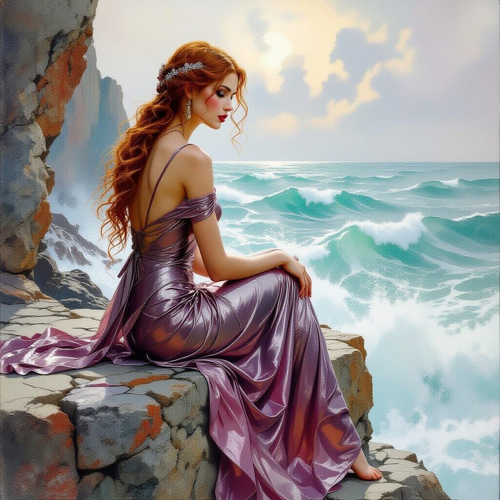 Norse Goddess Gazing at Turbulent Sea in Watercolor