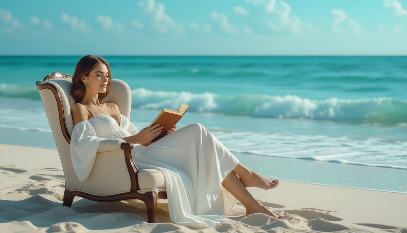 Woman in White Dress on Beach Reading