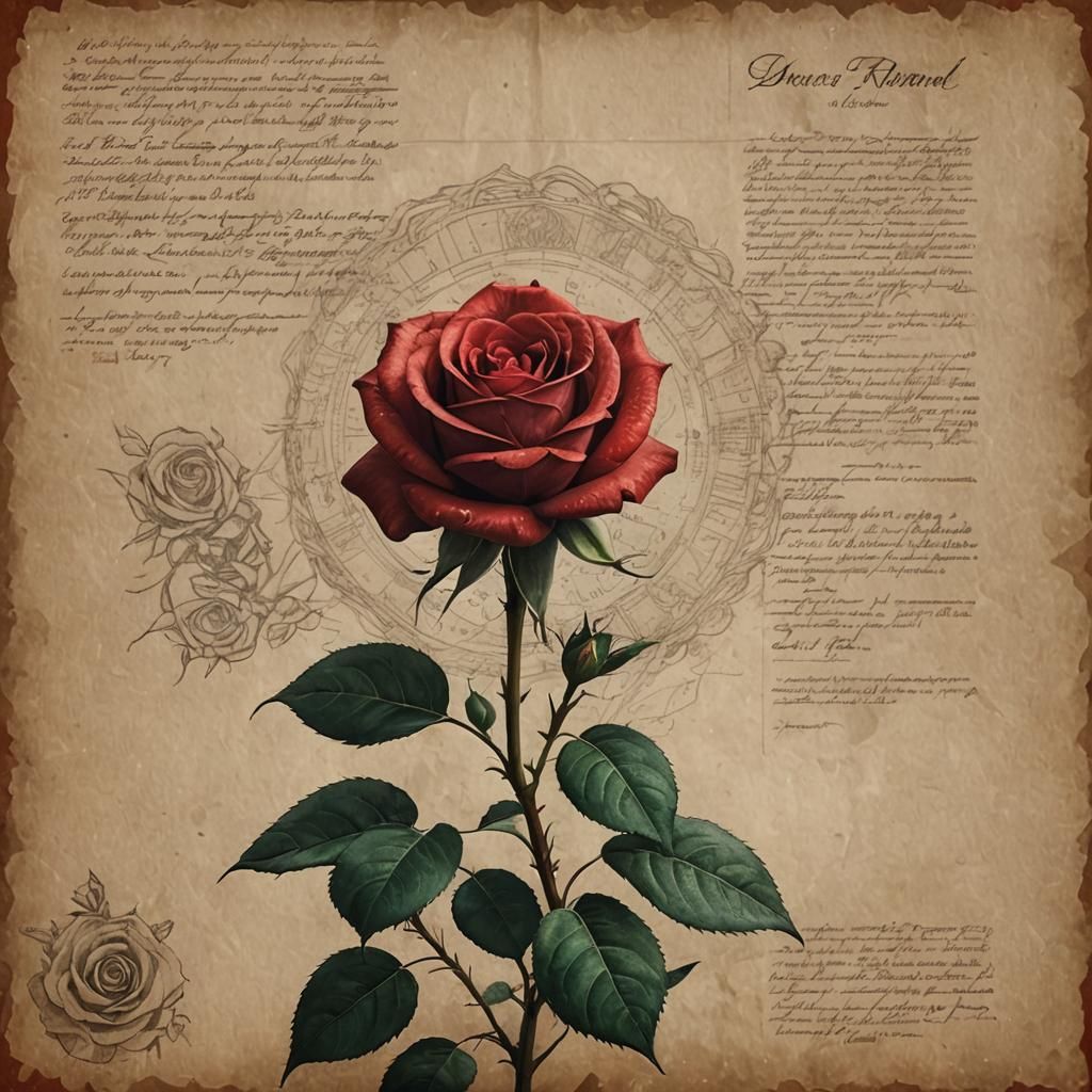 Elegant Red Rose Pencil Sketch on Old Paper