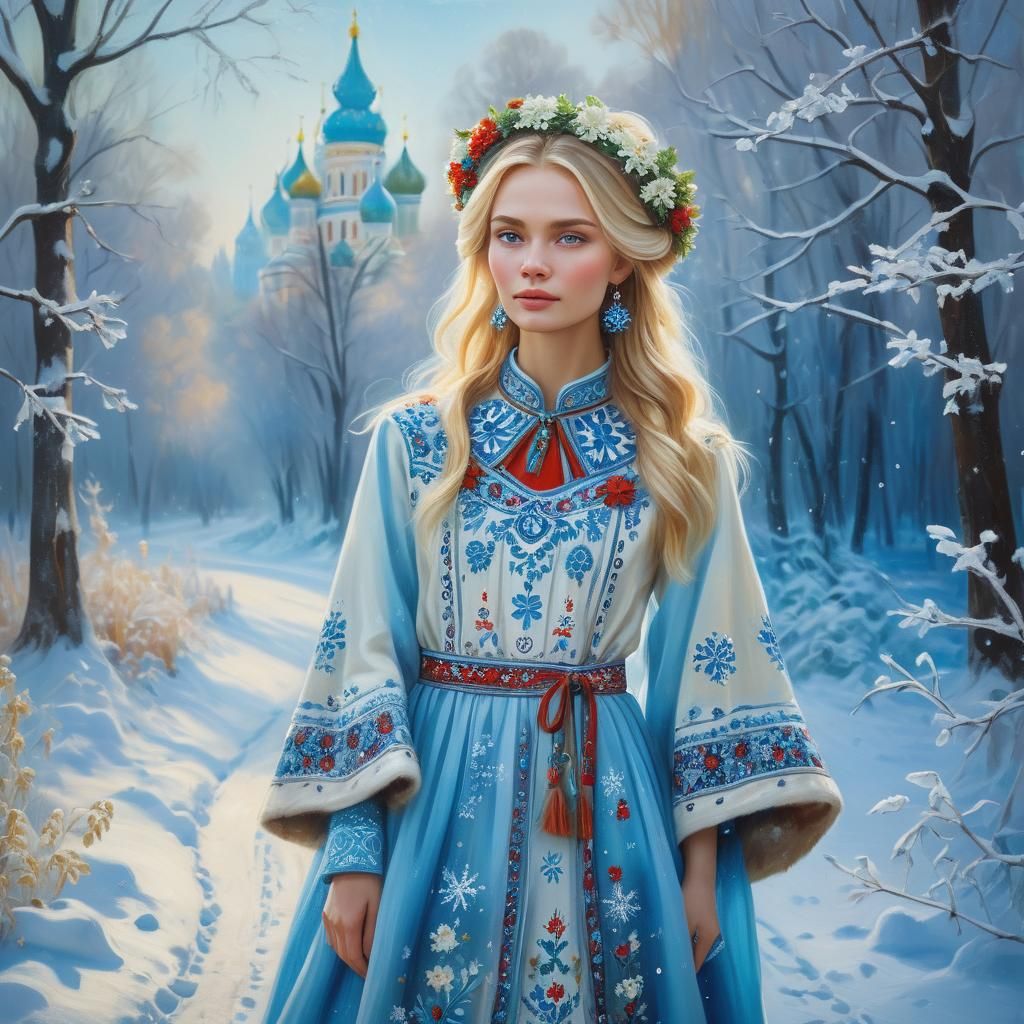 Russian Model in Snowy Wonderland, as Oil Painting