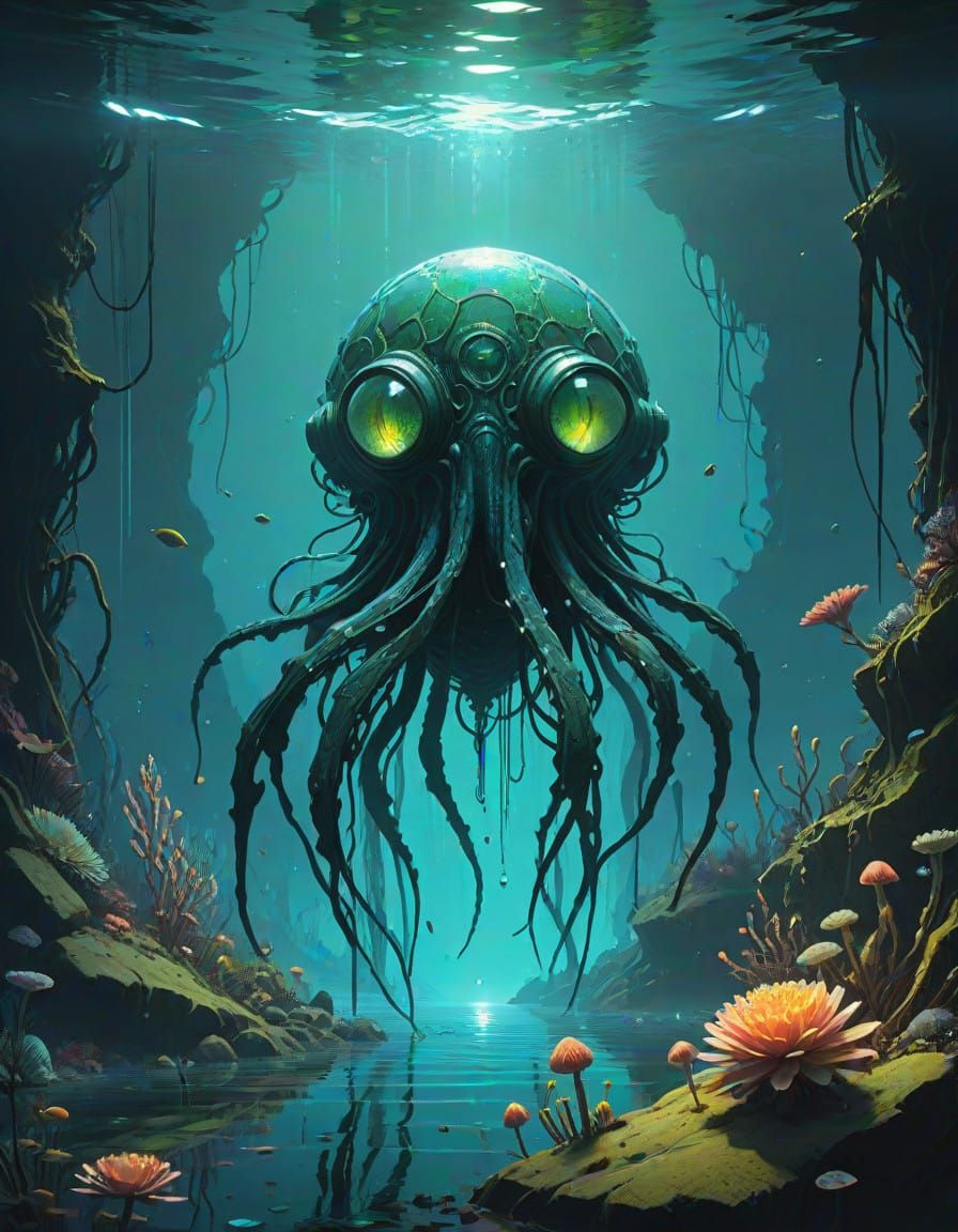 Foreboding Dark Water Abyss with Twisted Bioluminescent Life