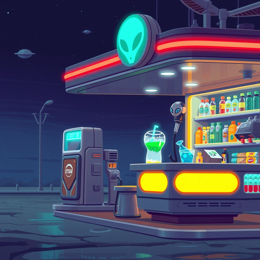 Extraterrestrial Fuel Stop with Neon Alien Symbols