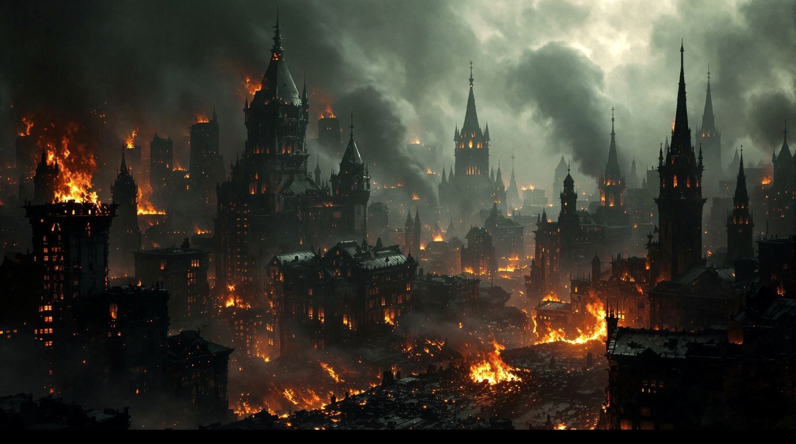 Epic Burning City in High Fantasy Style