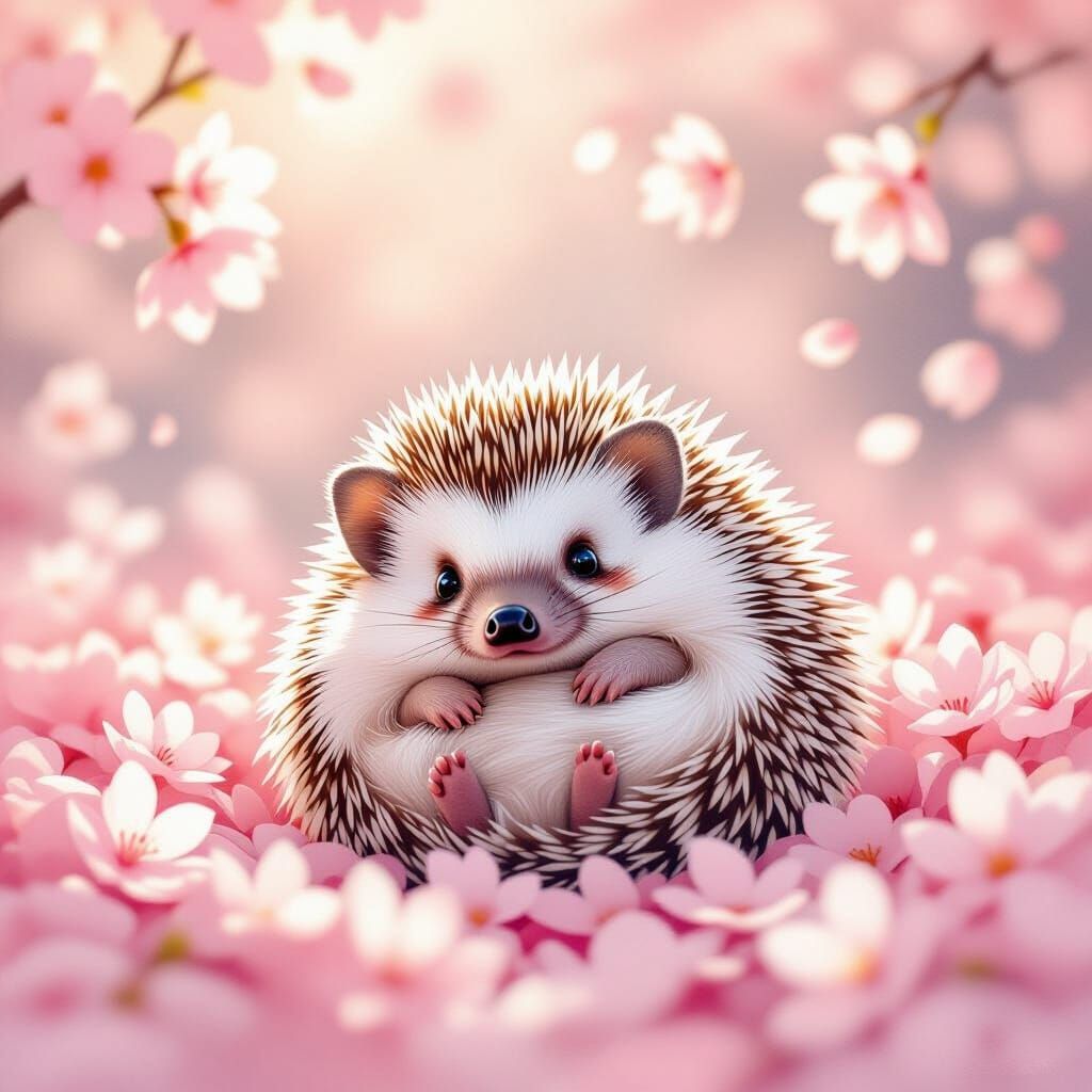 Hedgehog in Cherry Blossoms Watercolor Art