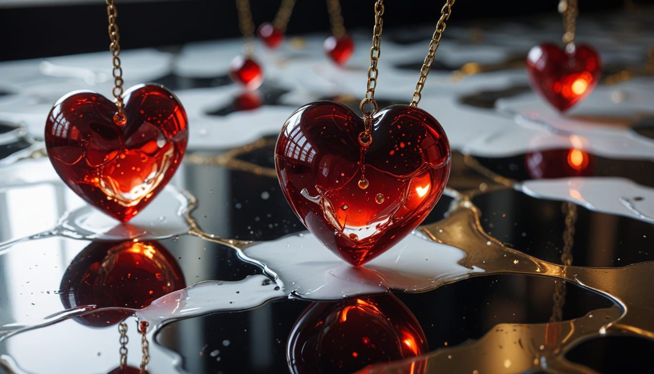 Glass Heart Filled with Epoxy Resin in Surreal Style